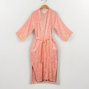 Vtg 70s Silk Kimono Robe Womens OS Pink Satin Jacquard Made in Hong Kong Pockets